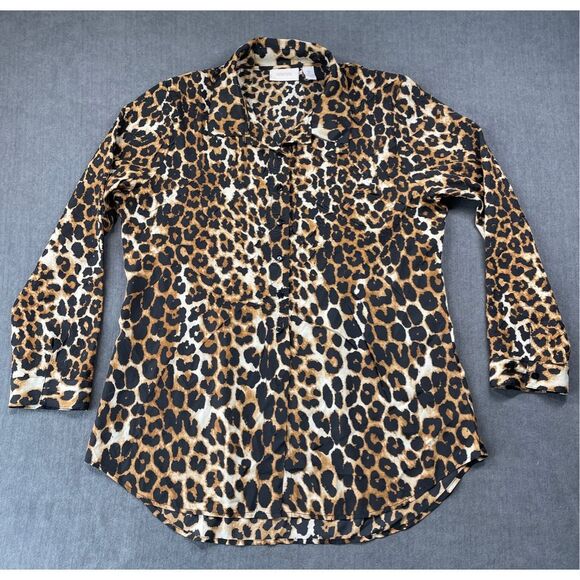 Chicos Leopard Print Button Down Top‎ Size L Brown Black Animal Print Shirt Work - Picture 1 of 7
